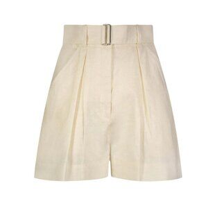 Matthew Bruch Linen Pleated Shorts Womens 2 Cream Ivory High Rise Waist Belted
